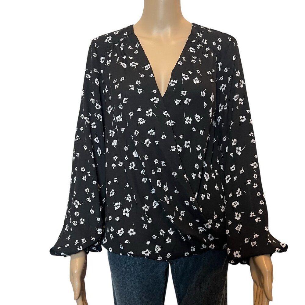 International Concepts Women Top Small Flowers VNeck Black Hi Low Balloon Sleeve
